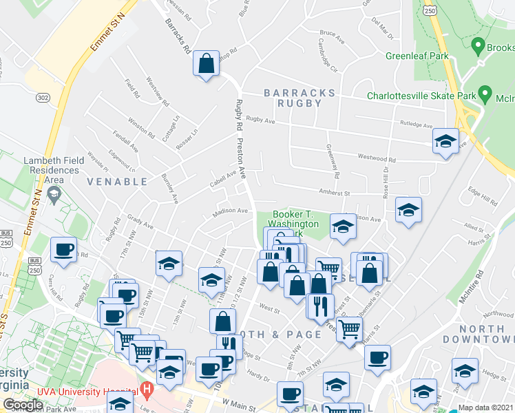 map of restaurants, bars, coffee shops, grocery stores, and more near in Charlottesville