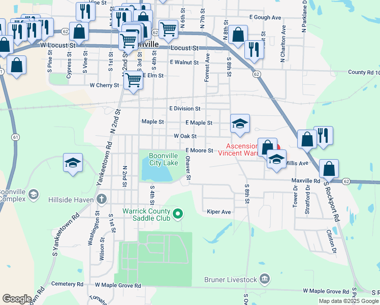 map of restaurants, bars, coffee shops, grocery stores, and more near 901 Ohaven Drive in Boonville