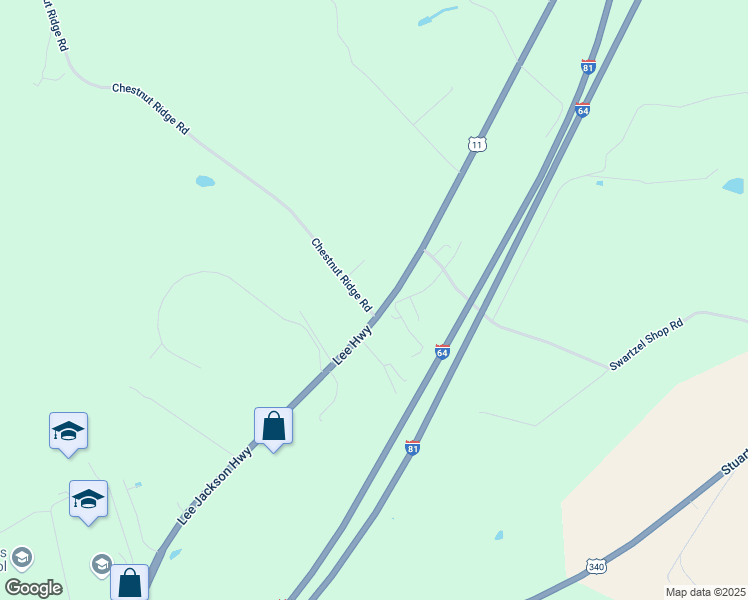 map of restaurants, bars, coffee shops, grocery stores, and more near 21 Chestnut Ridge Road in Staunton