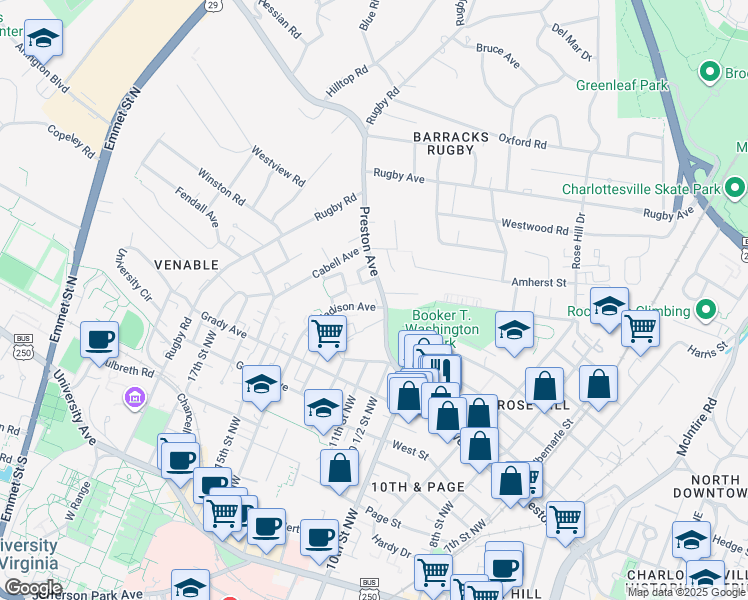 map of restaurants, bars, coffee shops, grocery stores, and more near 839 Preston Avenue in Charlottesville