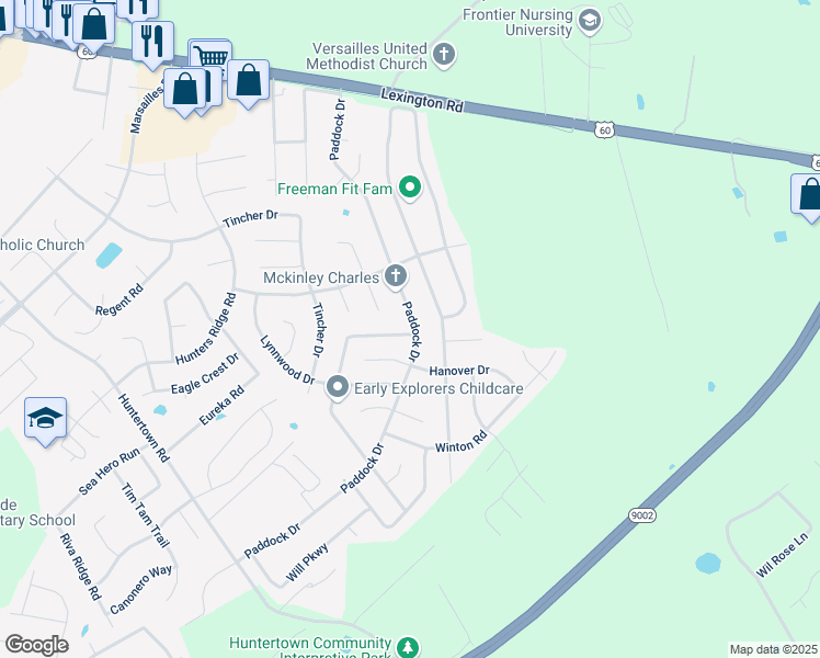 map of restaurants, bars, coffee shops, grocery stores, and more near 191 Dunroven Drive in Versailles