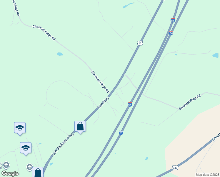 map of restaurants, bars, coffee shops, grocery stores, and more near 21 Chestnut Ridge Road in Staunton