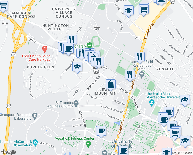 map of restaurants, bars, coffee shops, grocery stores, and more near 2101 Morris Road in Charlottesville