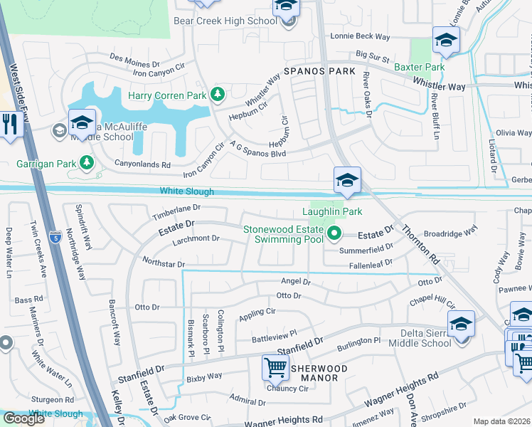 map of restaurants, bars, coffee shops, grocery stores, and more near 3005 Estate Drive in Stockton