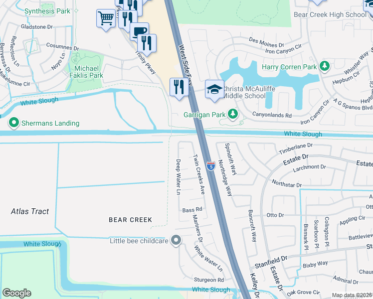 map of restaurants, bars, coffee shops, grocery stores, and more near 4230 Emperor Court in Stockton