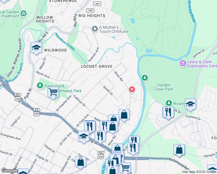 map of restaurants, bars, coffee shops, grocery stores, and more near in Charlottesville