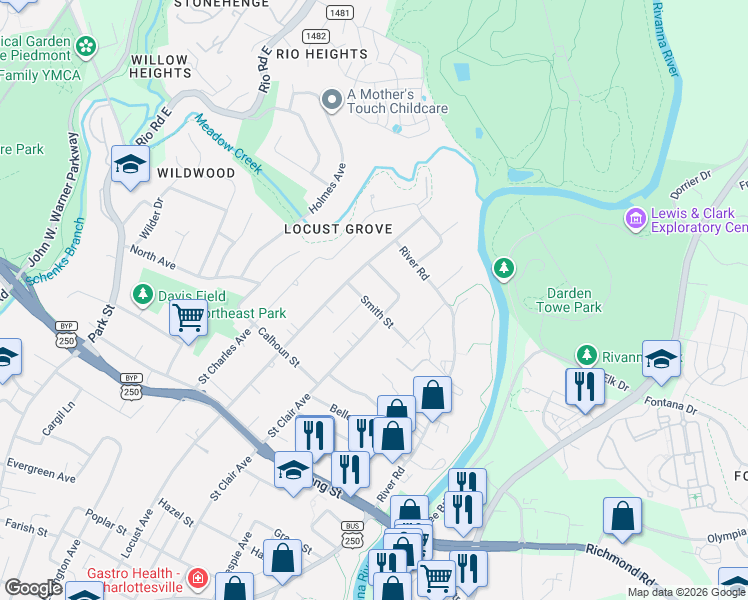 map of restaurants, bars, coffee shops, grocery stores, and more near in Charlottesville