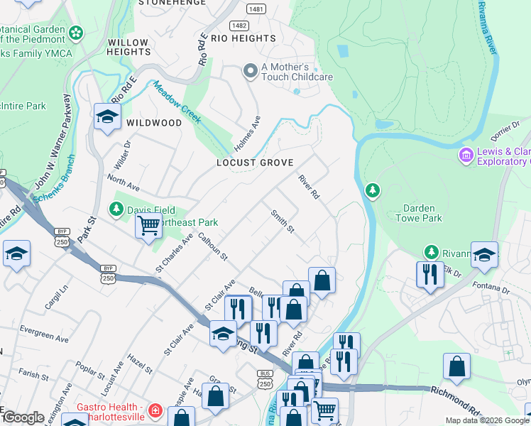map of restaurants, bars, coffee shops, grocery stores, and more near 1030 Martin Street in Charlottesville