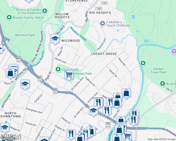 map of restaurants, bars, coffee shops, grocery stores, and more near 1010 Saint Charles Avenue in Charlottesville