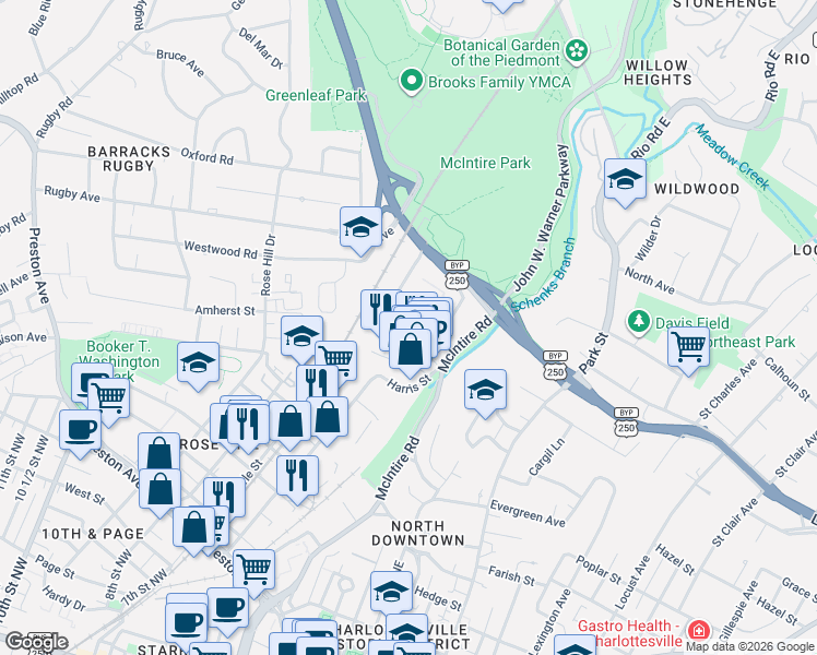 map of restaurants, bars, coffee shops, grocery stores, and more near 1739 Allied Lane in Charlottesville