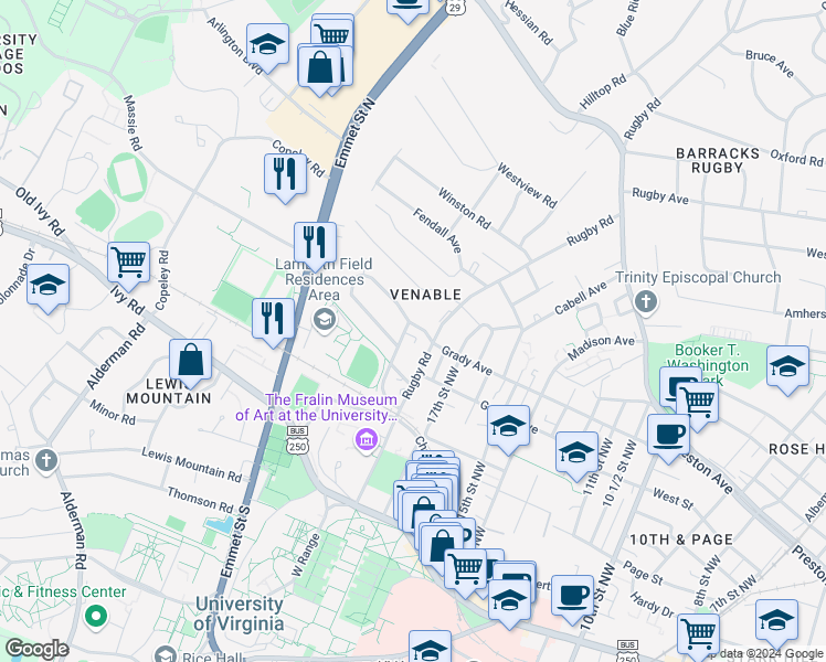 map of restaurants, bars, coffee shops, grocery stores, and more near 515 Rugby Road in Charlottesville