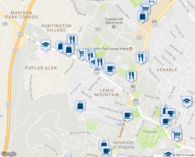 map of restaurants, bars, coffee shops, grocery stores, and more near 117 Bollingwood Road in Charlottesville