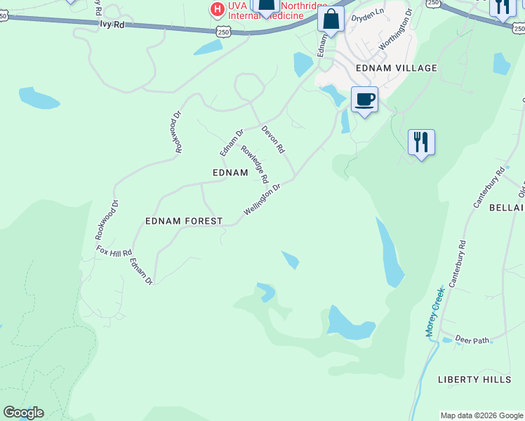 map of restaurants, bars, coffee shops, grocery stores, and more near 402 Wellington Drive in Charlottesville