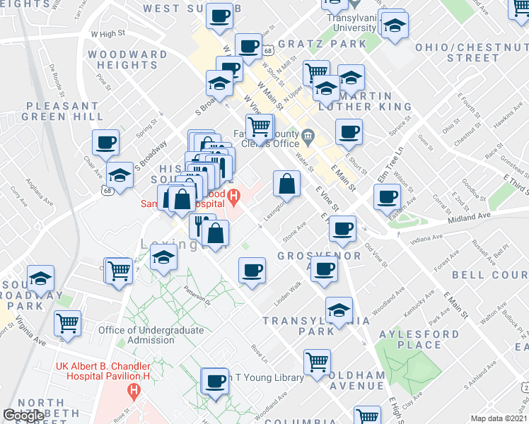 map of restaurants, bars, coffee shops, grocery stores, and more near 180 East Maxwell Street in Lexington