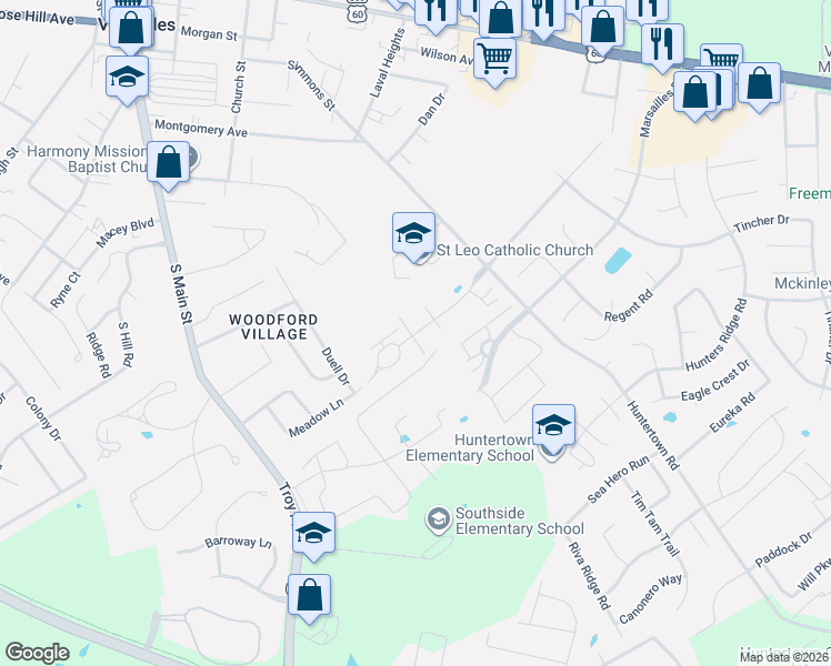 map of restaurants, bars, coffee shops, grocery stores, and more near 394 Sugartree Lane in Versailles