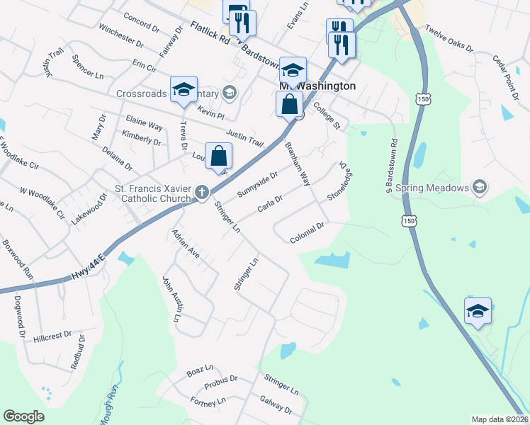 map of restaurants, bars, coffee shops, grocery stores, and more near 205 Carla Drive in Mount Washington