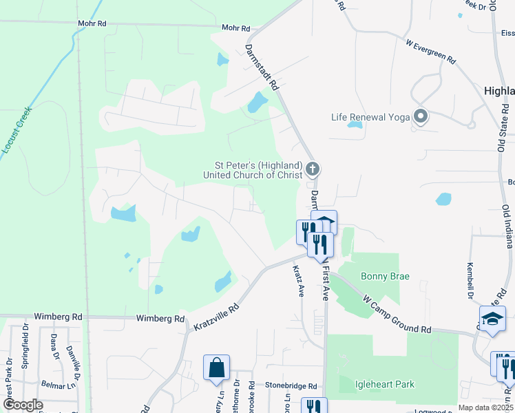 map of restaurants, bars, coffee shops, grocery stores, and more near 1015 Jay Drive in Evansville