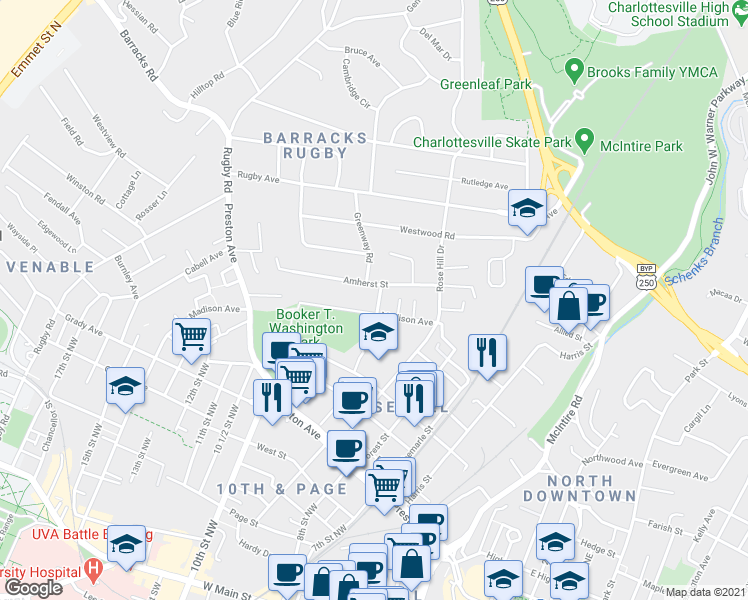 map of restaurants, bars, coffee shops, grocery stores, and more near 1107 Meadow Street in Charlottesville