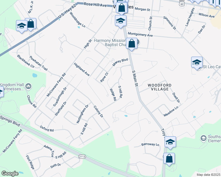 map of restaurants, bars, coffee shops, grocery stores, and more near 121 Ridge Rd in Versailles