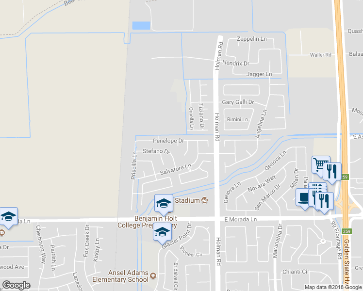 map of restaurants, bars, coffee shops, grocery stores, and more near 9844 Vito Court in Stockton