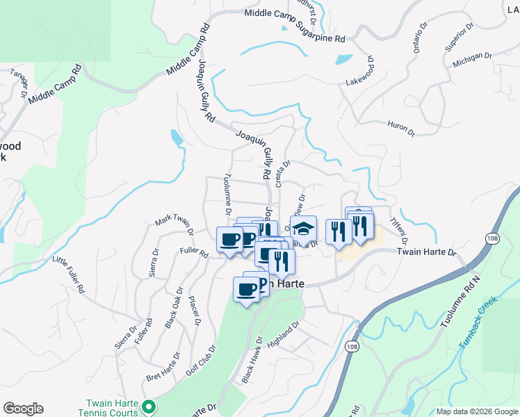 map of restaurants, bars, coffee shops, grocery stores, and more near 18686 Mother Lode Drive in Twain Harte