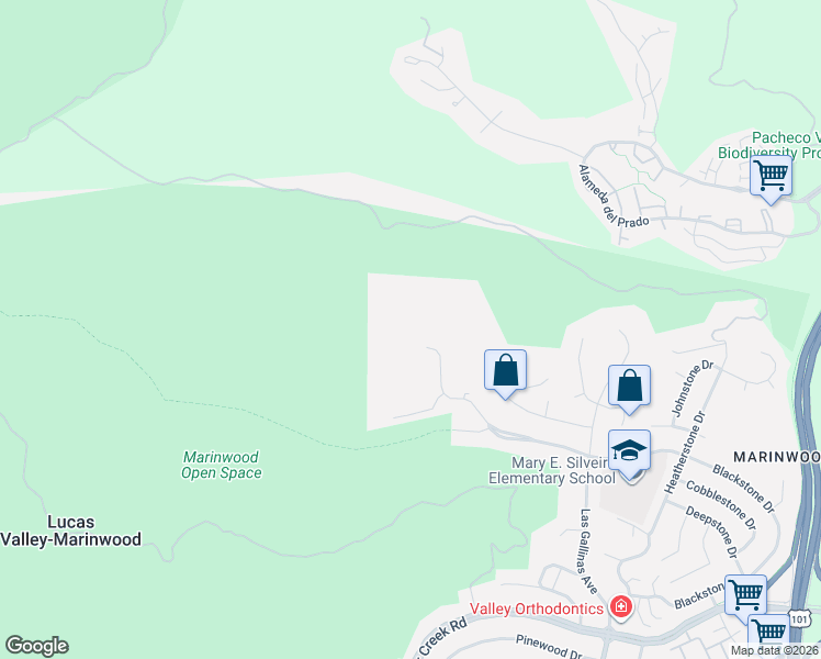 map of restaurants, bars, coffee shops, grocery stores, and more near 595 Blackstone Drive in San Rafael