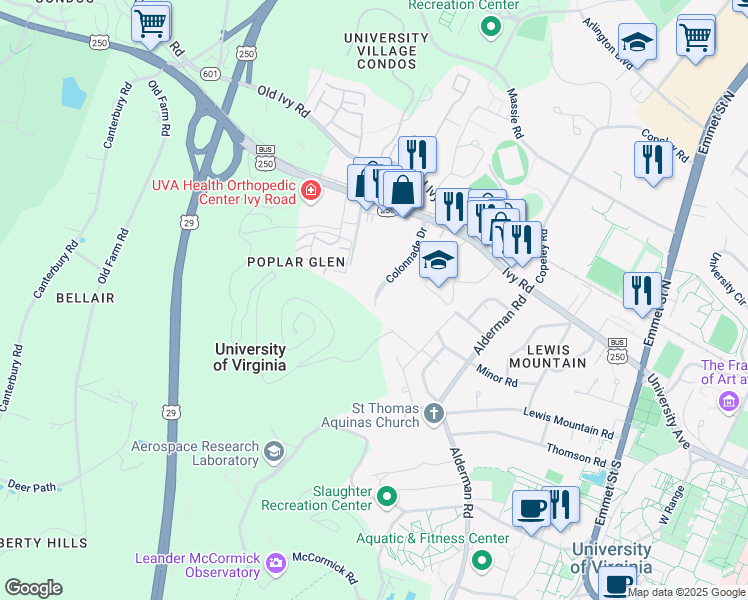 map of restaurants, bars, coffee shops, grocery stores, and more near 269 Colonnade Drive in Charlottesville