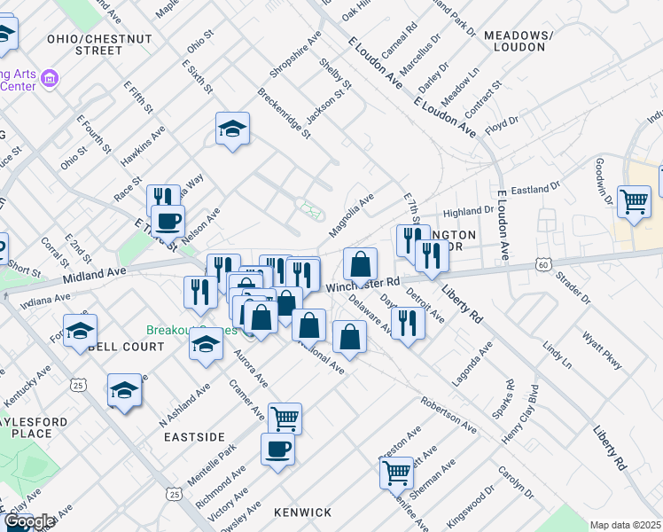 map of restaurants, bars, coffee shops, grocery stores, and more near 777 Winchester Road in Lexington