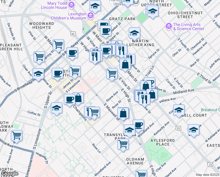 map of restaurants, bars, coffee shops, grocery stores, and more near 223 Stone Avenue in Lexington