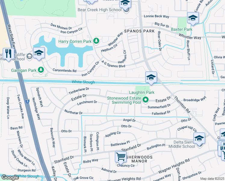 map of restaurants, bars, coffee shops, grocery stores, and more near 3005 Estate Drive in Stockton
