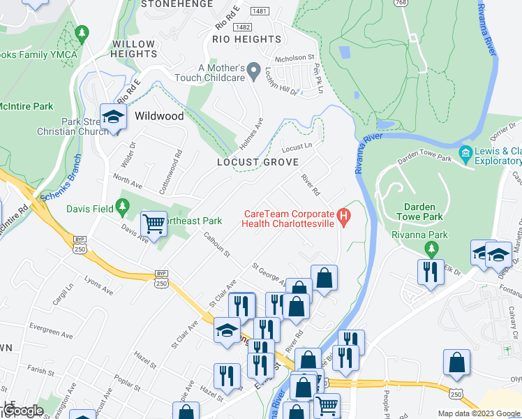 map of restaurants, bars, coffee shops, grocery stores, and more near 1030 Martin Street in Charlottesville