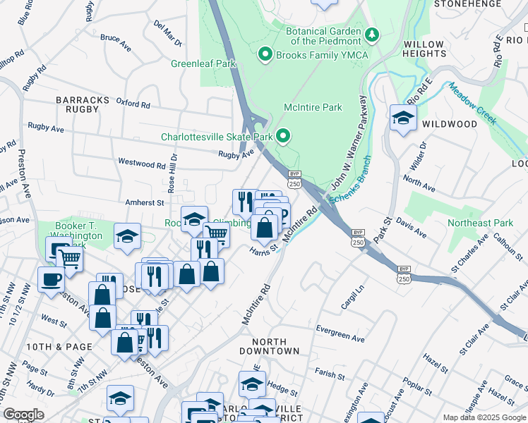 map of restaurants, bars, coffee shops, grocery stores, and more near 141 Birdwood Court in Charlottesville