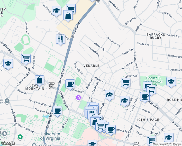 map of restaurants, bars, coffee shops, grocery stores, and more near 515 Rugby Road in Charlottesville