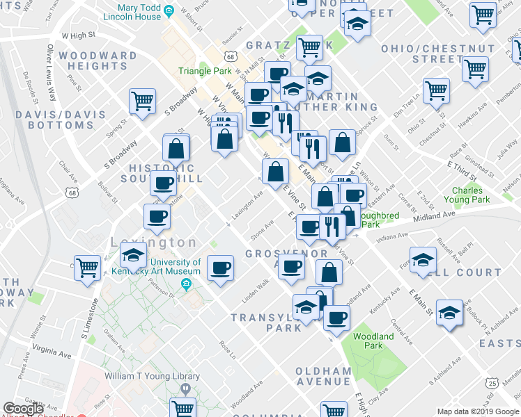 map of restaurants, bars, coffee shops, grocery stores, and more near 223 Stone Avenue in Lexington