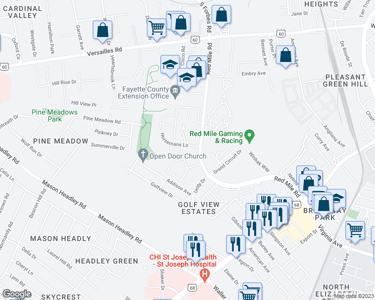 map of restaurants, bars, coffee shops, grocery stores, and more near 935 Red Mile Road in Lexington