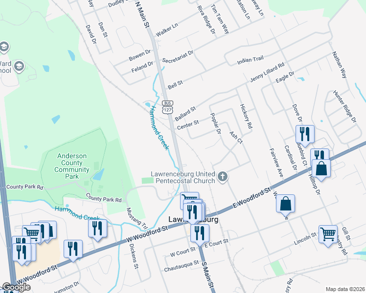 map of restaurants, bars, coffee shops, grocery stores, and more near 224 North Main Street in Lawrenceburg