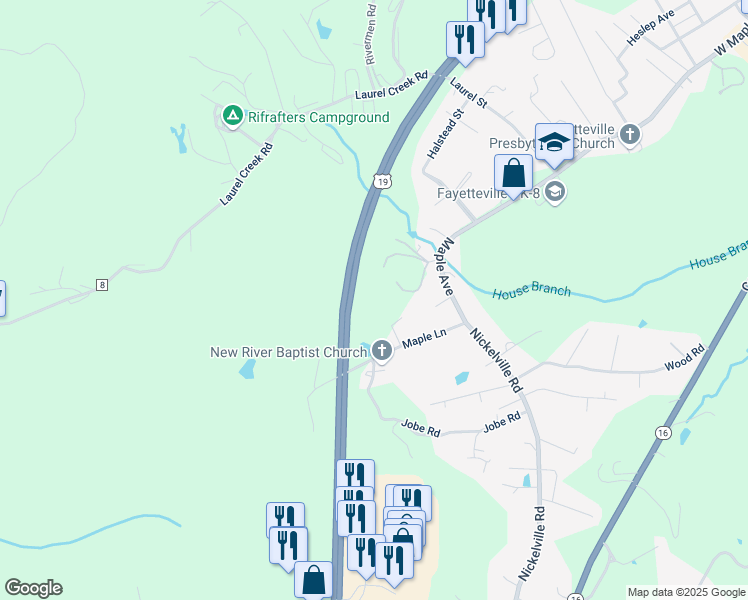 map of restaurants, bars, coffee shops, grocery stores, and more near 12710 U.S. 19 in Fayetteville