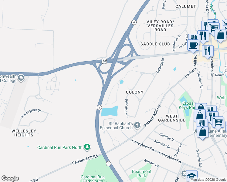map of restaurants, bars, coffee shops, grocery stores, and more near 4188 John Alden Lane in Lexington