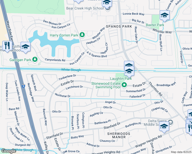 map of restaurants, bars, coffee shops, grocery stores, and more near 3005 Estate Drive in Stockton