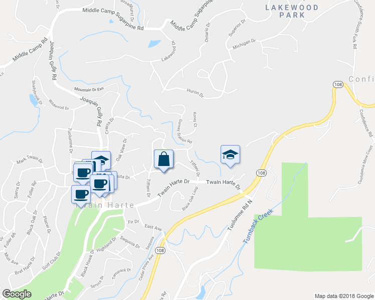map of restaurants, bars, coffee shops, grocery stores, and more near Tiffeni Drive & Gurney Station Road in Twain Harte