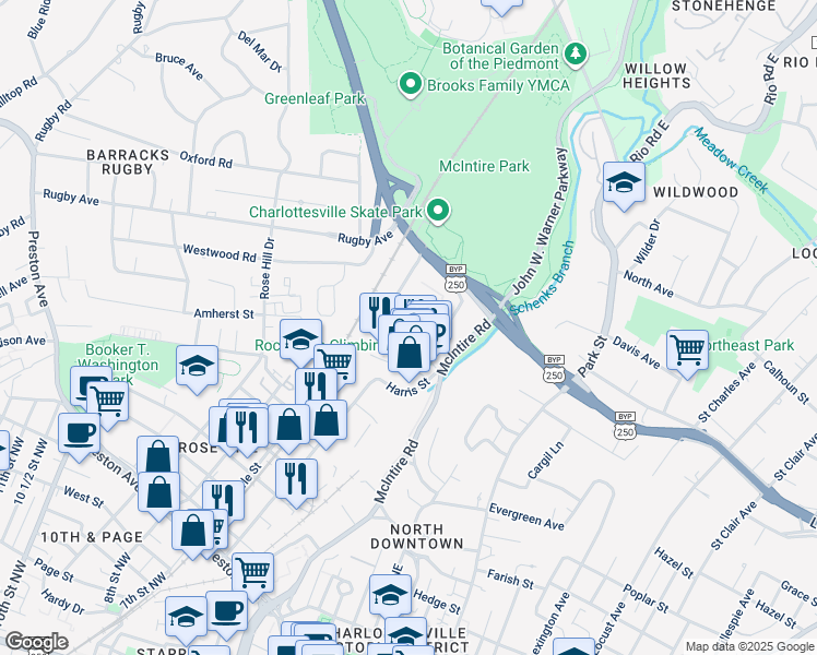 map of restaurants, bars, coffee shops, grocery stores, and more near 141 Birdwood Court in Charlottesville