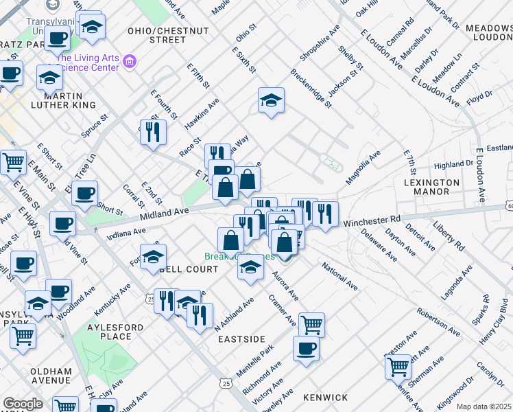 map of restaurants, bars, coffee shops, grocery stores, and more near 628-698 Winchester Rd in Lexington