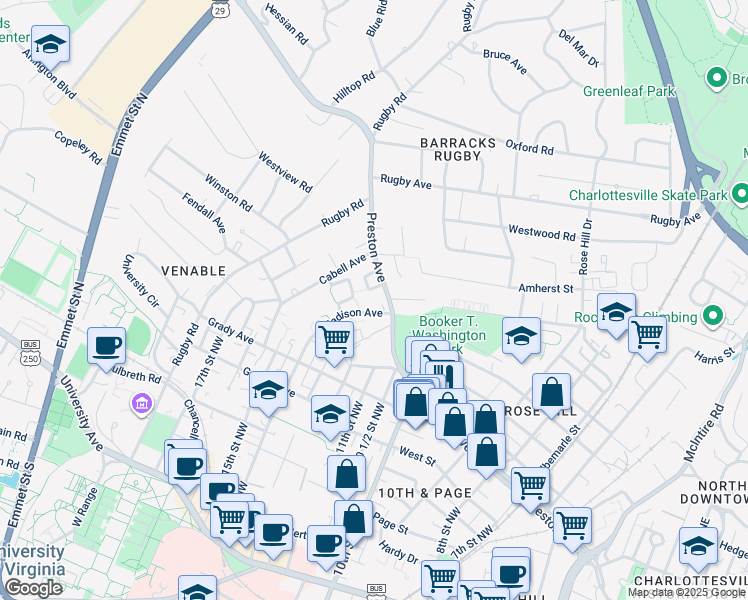 map of restaurants, bars, coffee shops, grocery stores, and more near 1109 Preston Avenue in Charlottesville