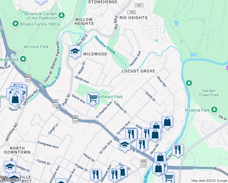 map of restaurants, bars, coffee shops, grocery stores, and more near 1008 Sheridan Avenue in Charlottesville