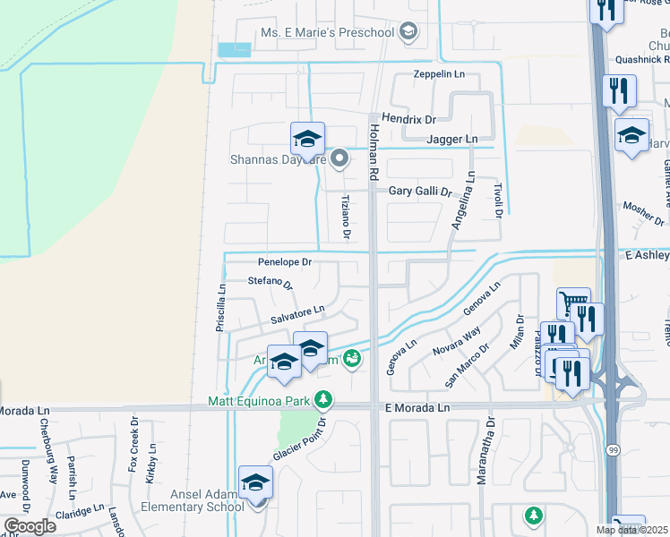 map of restaurants, bars, coffee shops, grocery stores, and more near 3384 Penelope Drive in Stockton