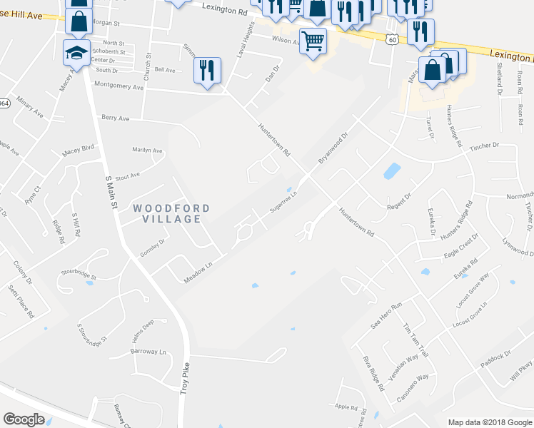 map of restaurants, bars, coffee shops, grocery stores, and more near Sugartree Lane in Versailles