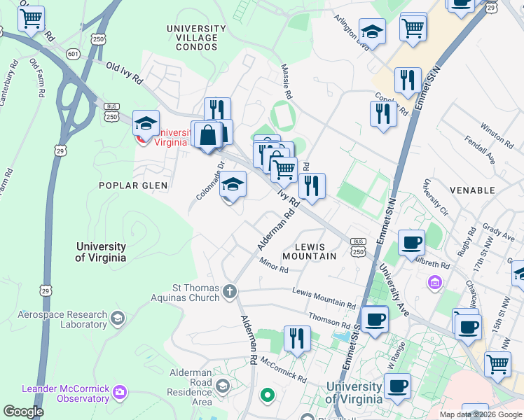 map of restaurants, bars, coffee shops, grocery stores, and more near 2120 Ivy Road in Charlottesville