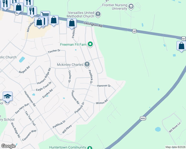 map of restaurants, bars, coffee shops, grocery stores, and more near 360 Gleneagles Way in Versailles