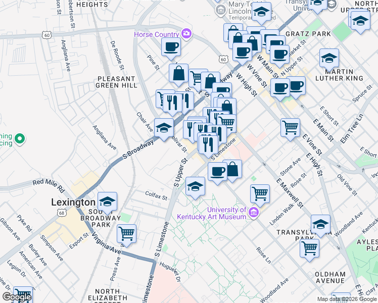 map of restaurants, bars, coffee shops, grocery stores, and more near 614 South Mill Street in Lexington