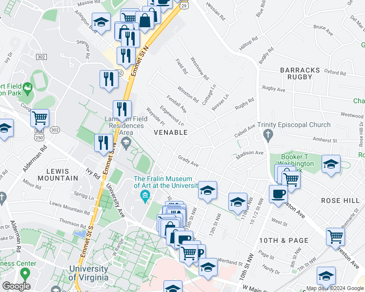 map of restaurants, bars, coffee shops, grocery stores, and more near 610 Rugby Road in Charlottesville